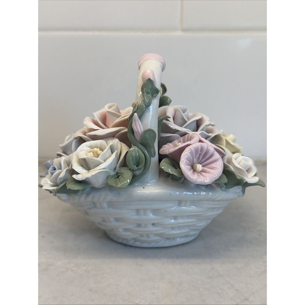 Vintage Capodimonte Porcelain Weaved Flower Basket With White Pink Roses Handle